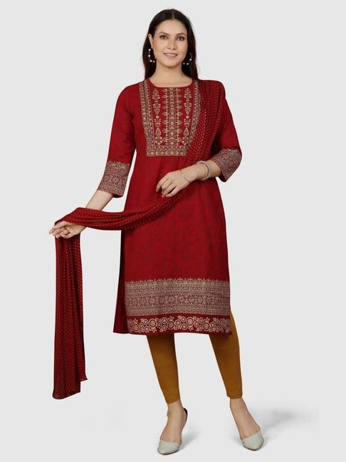 cotton culture maroon & brown cotton embroidered kurta leggings set with dupatta