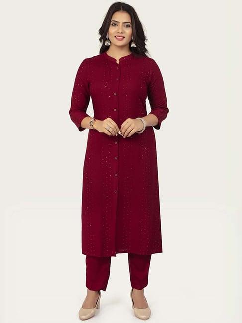 cotton culture maroon cotton embellished kurta pant set