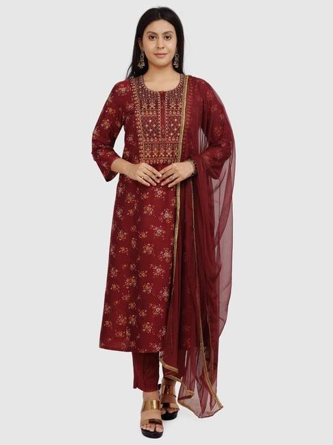 cotton culture maroon embroidered kurta pant set with dupatta