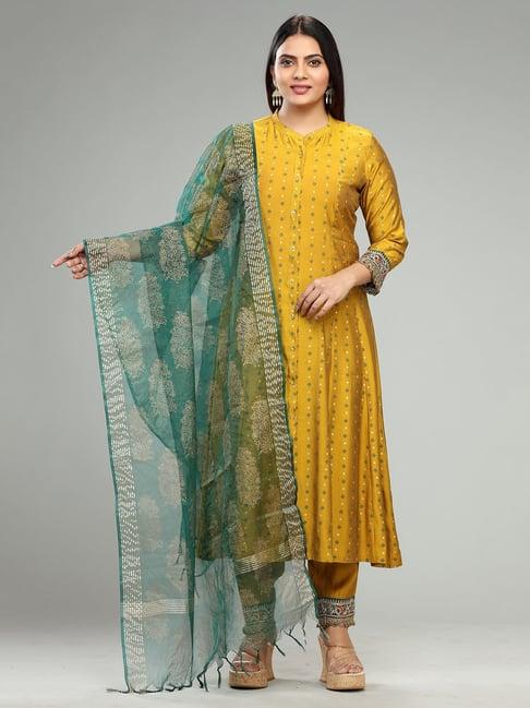 cotton culture mustard embroidered kurta with pant & dupatta