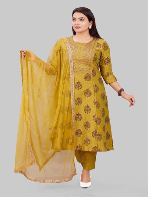 cotton culture mustard green embroidered kurta pant set with dupatta