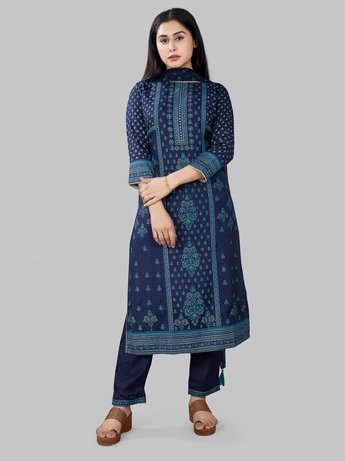 cotton culture navy printed kurta with pant & dupatta