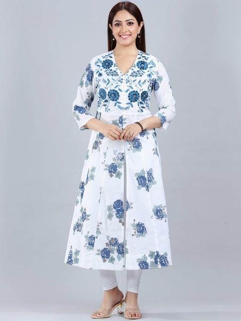 cotton culture off-white & blue cotton embroidered a line kurta