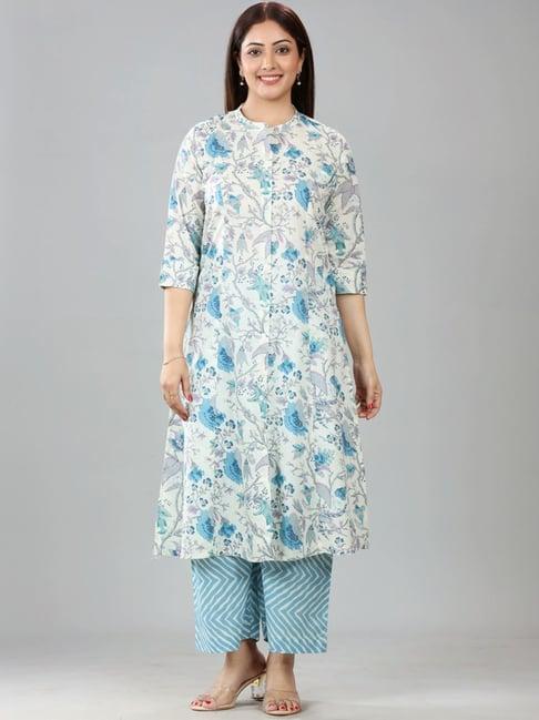 cotton culture off-white & blue cotton printed kurta palazzo set