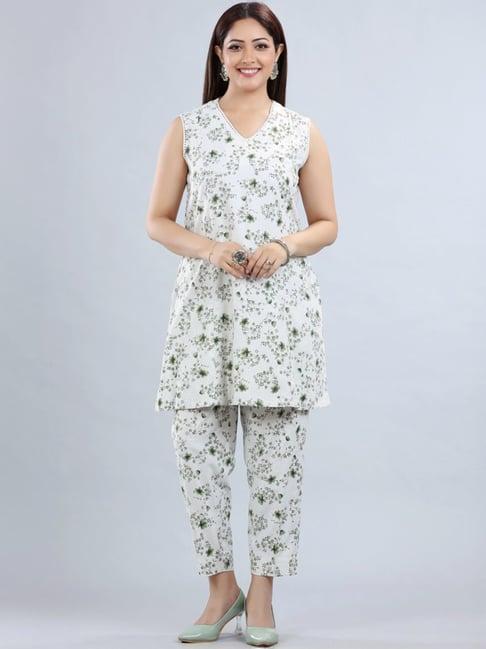 cotton culture off-white & green cotton printed kurti pant set