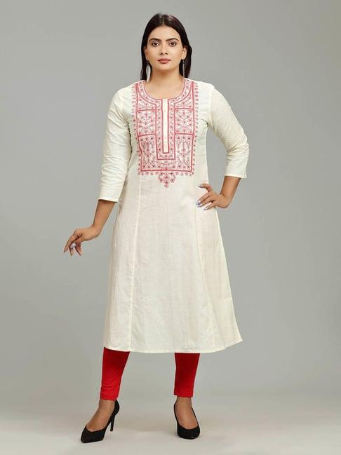 cotton culture off white cotton embroidered a line kurta