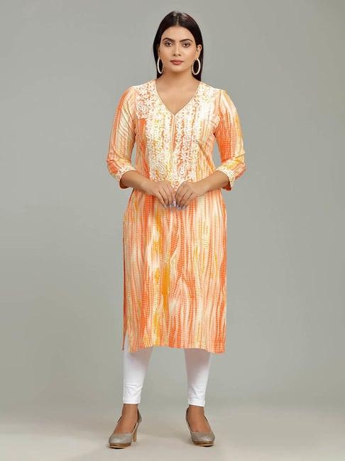 cotton culture orange rayon embroidered straight kurta