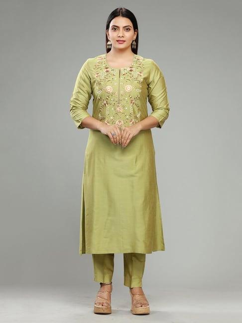 cotton culture parrot green embroidered kurta pant set