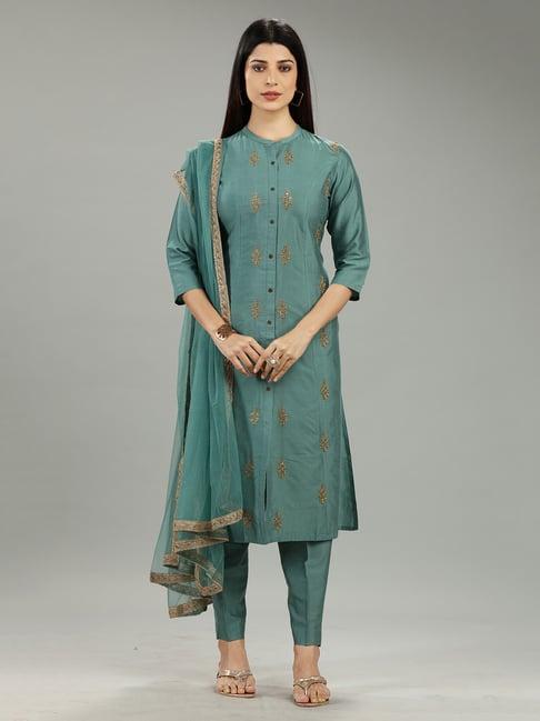 cotton culture pastel green embroidered kurta with pant & dupatta