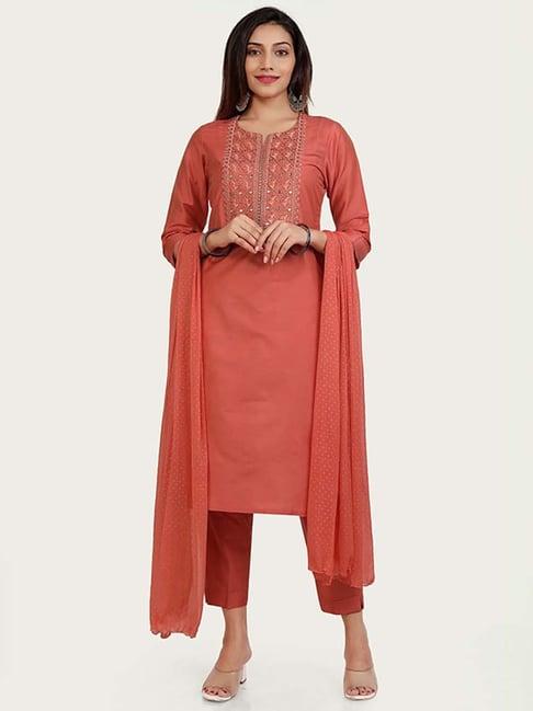 cotton culture peach cotton embroidered kurta pant set with dupatta