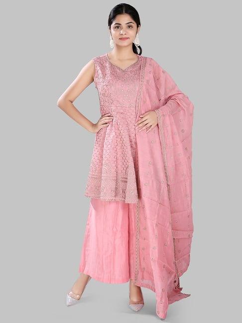 cotton culture peach embroidered kurta with palazzo & dupatta