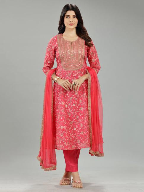 cotton culture peach embroidered kurta with pant & dupatta