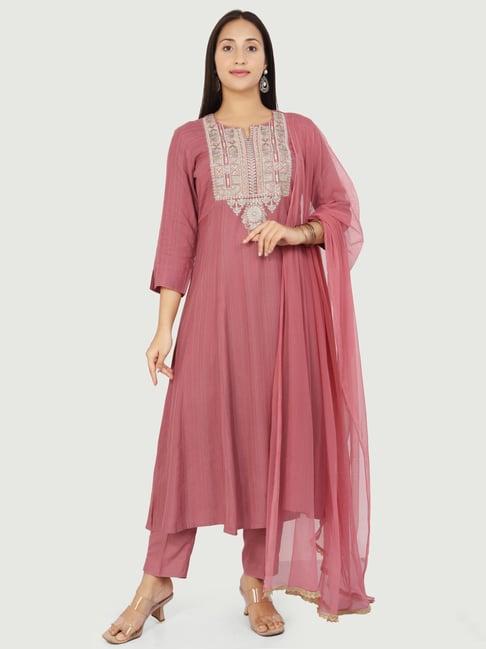 cotton culture pink cotton embroidered kurta pant set with dupatta