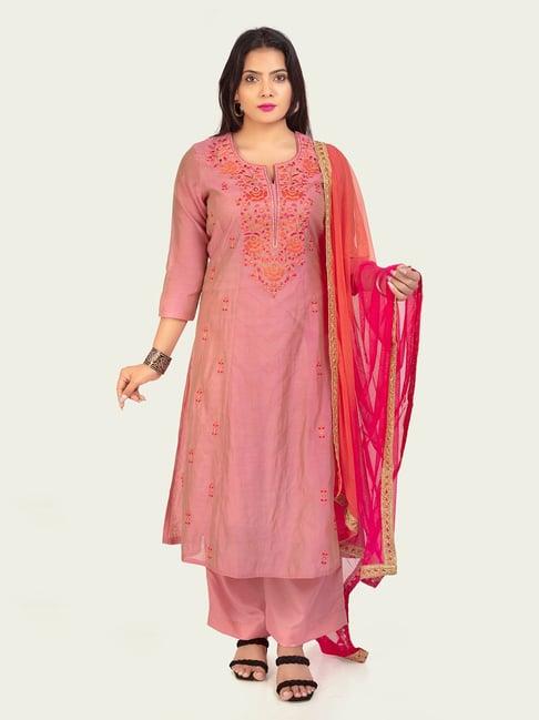 cotton culture pink embroidered kurta with pant & dupatta