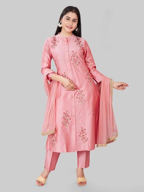 cotton culture pink embroidered kurta with pant & dupatta