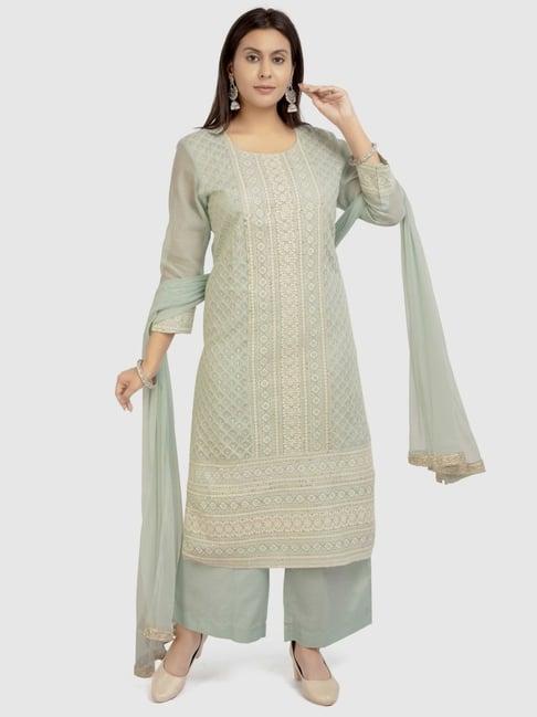 cotton culture pista green cotton embroidered kurta palazzo set with dupatta