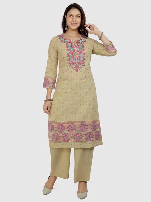 cotton culture pista green cotton embroidered kurta palazzo set