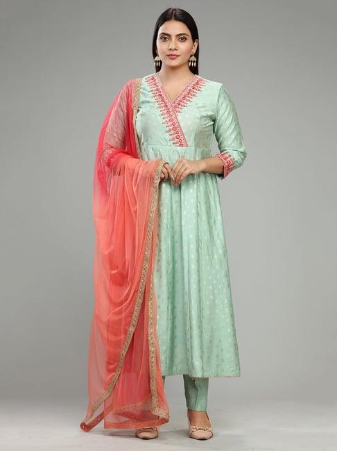 cotton culture pista green embroidered kurta with pant & dupatta