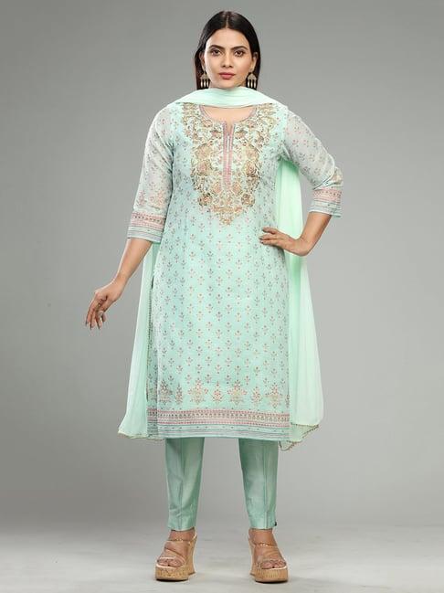 cotton culture pista green embroidered kurta with pant & dupatta