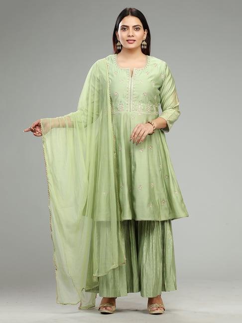 cotton culture pista green embroidered kurta with sharara & dupatta