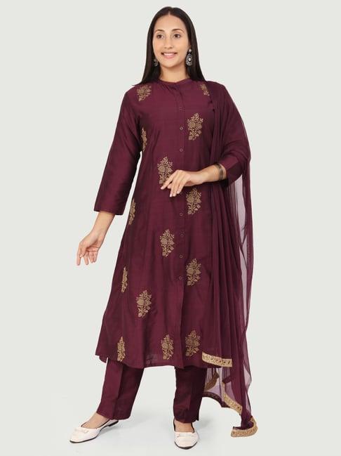 cotton culture purple embroidered kurta pant set with dupatta