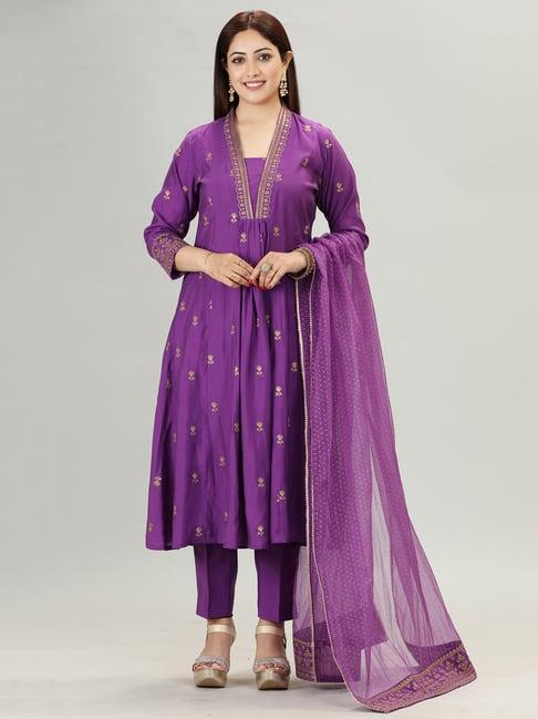 cotton culture purple embroidered kurta with pant & dupatta