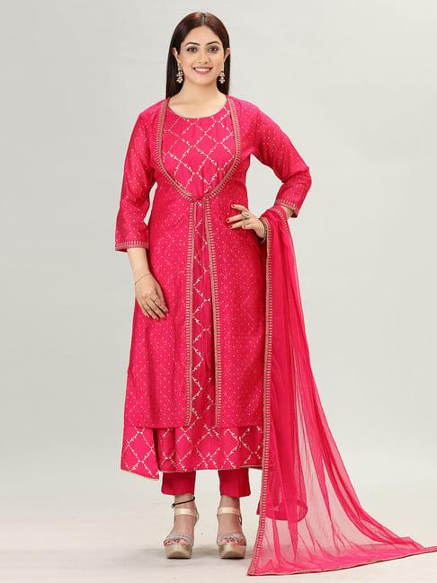 cotton culture rani pink embroidered kurta with pant & dupatta