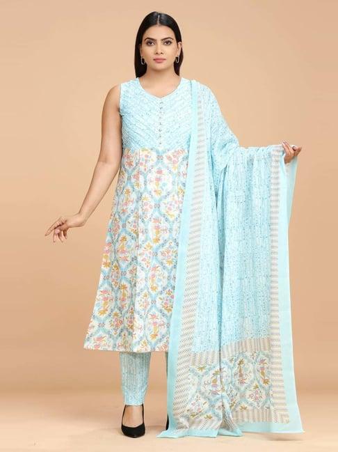 cotton culture sky blue cotton printed kurta pant set with dupatta