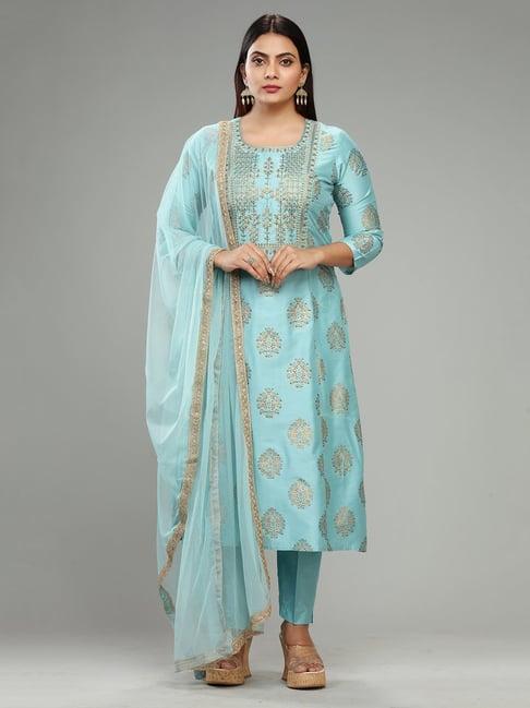 cotton culture sky blue embroidered kurta with pant & dupatta