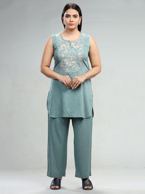 cotton culture turquoise embroidered kurta pant set