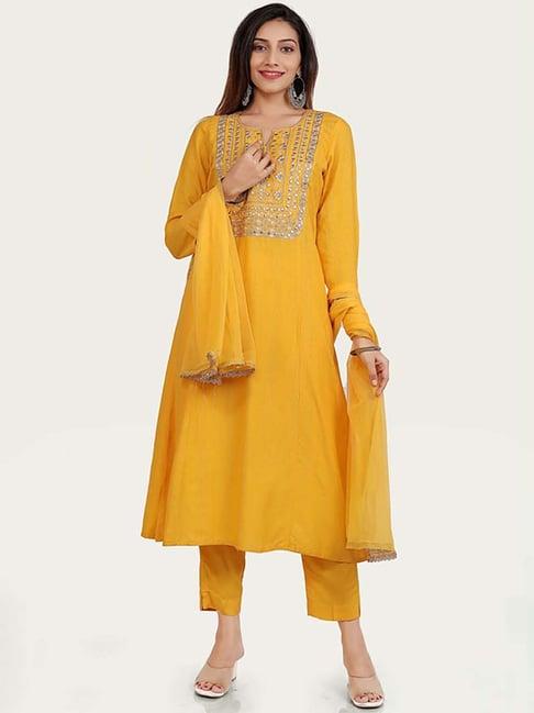 cotton culture yellow cotton embroidered kurta pant set with dupatta