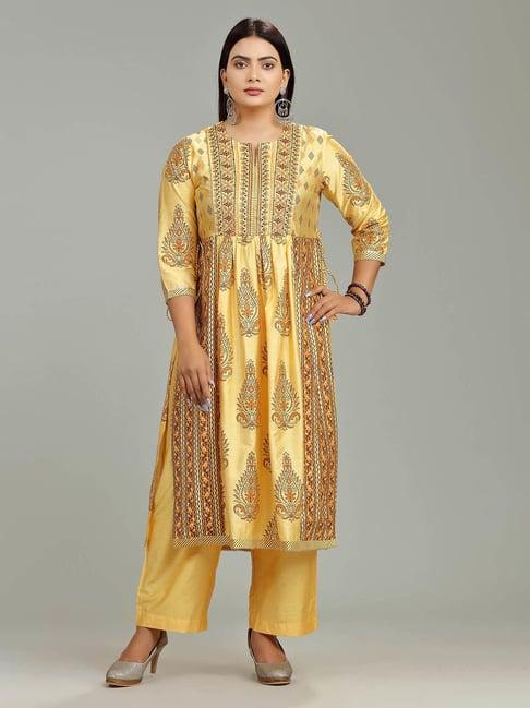 cotton culture yellow cotton silk embroidered kurta pant set