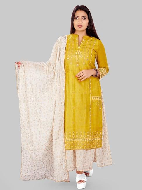 cotton culture yellow embroidered straight kurta with dupatta