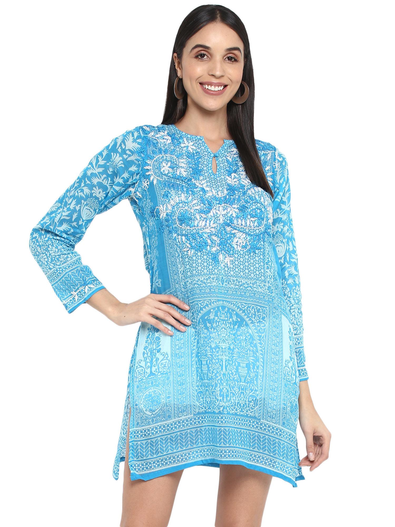 cotton cyan printed hand embroidered tunic dress
