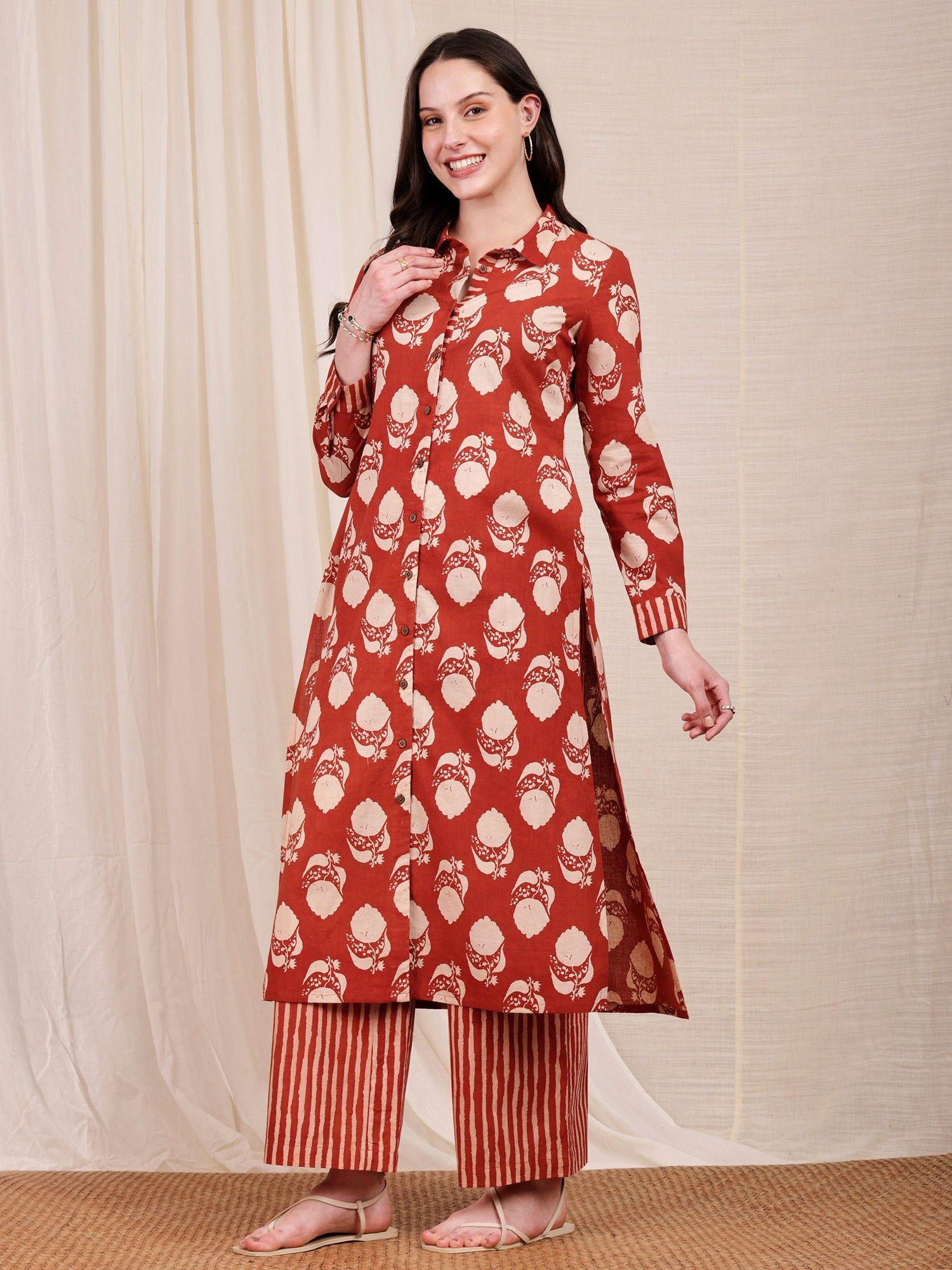 cotton dabu floral red & beige kurta with pant (set of 2)