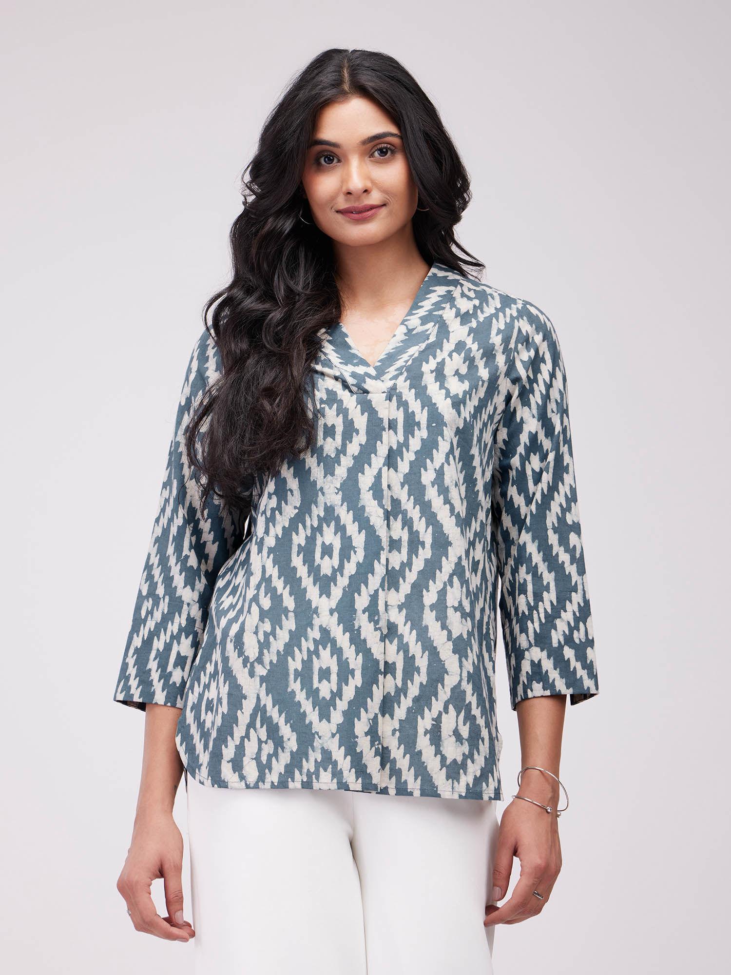 cotton dabu geometric print top- grey