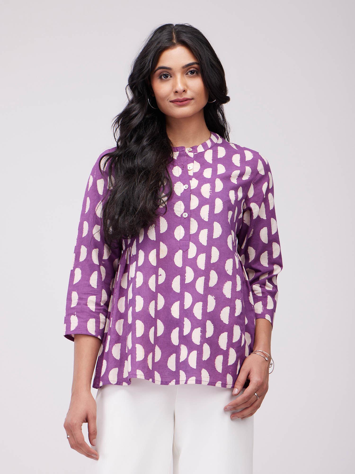 cotton dabu geometric print top- purple