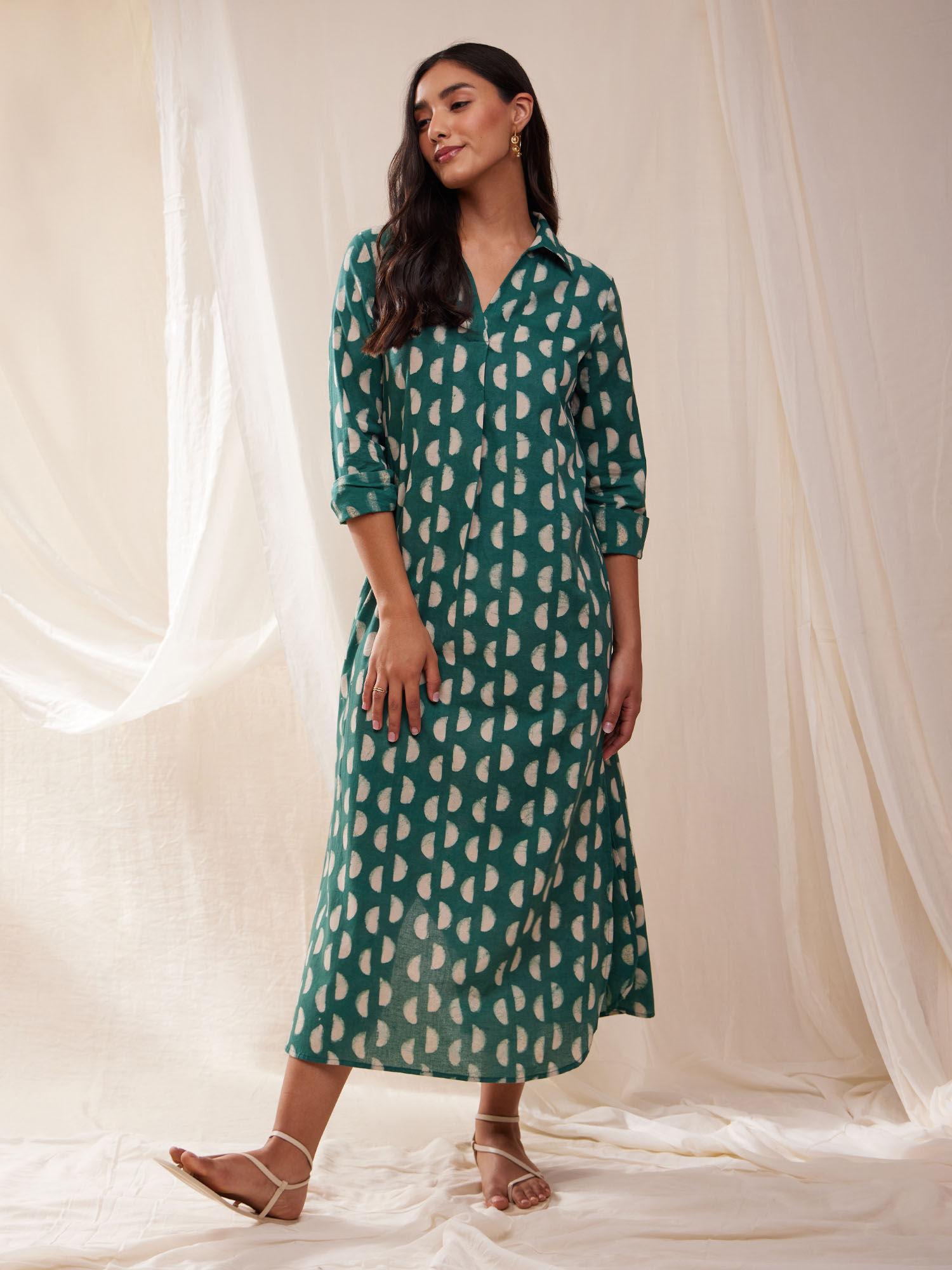 cotton dabu hand block half moon print dress- green