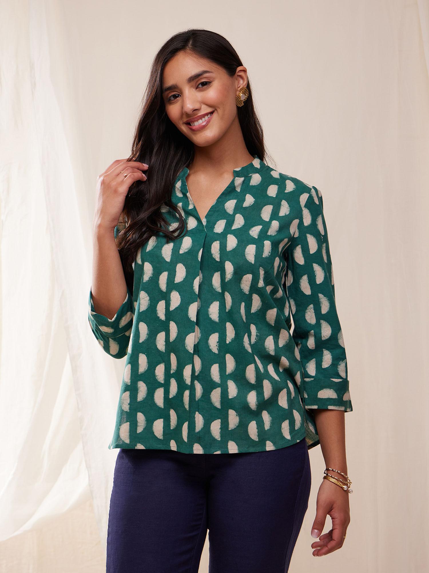 cotton dabu hand block moon polka top- green