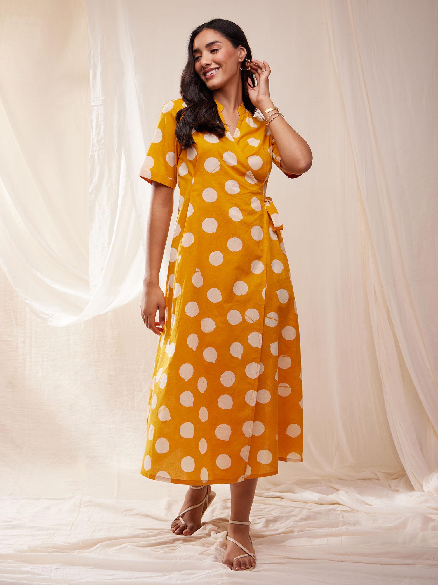 cotton dabu hand block polka dress- yellow