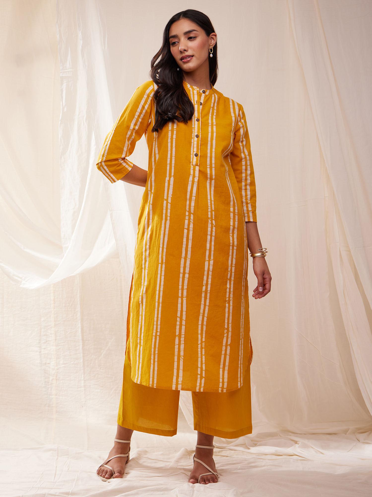 cotton dabu hand block striped kurta with palazzo- yellow (set of 2)