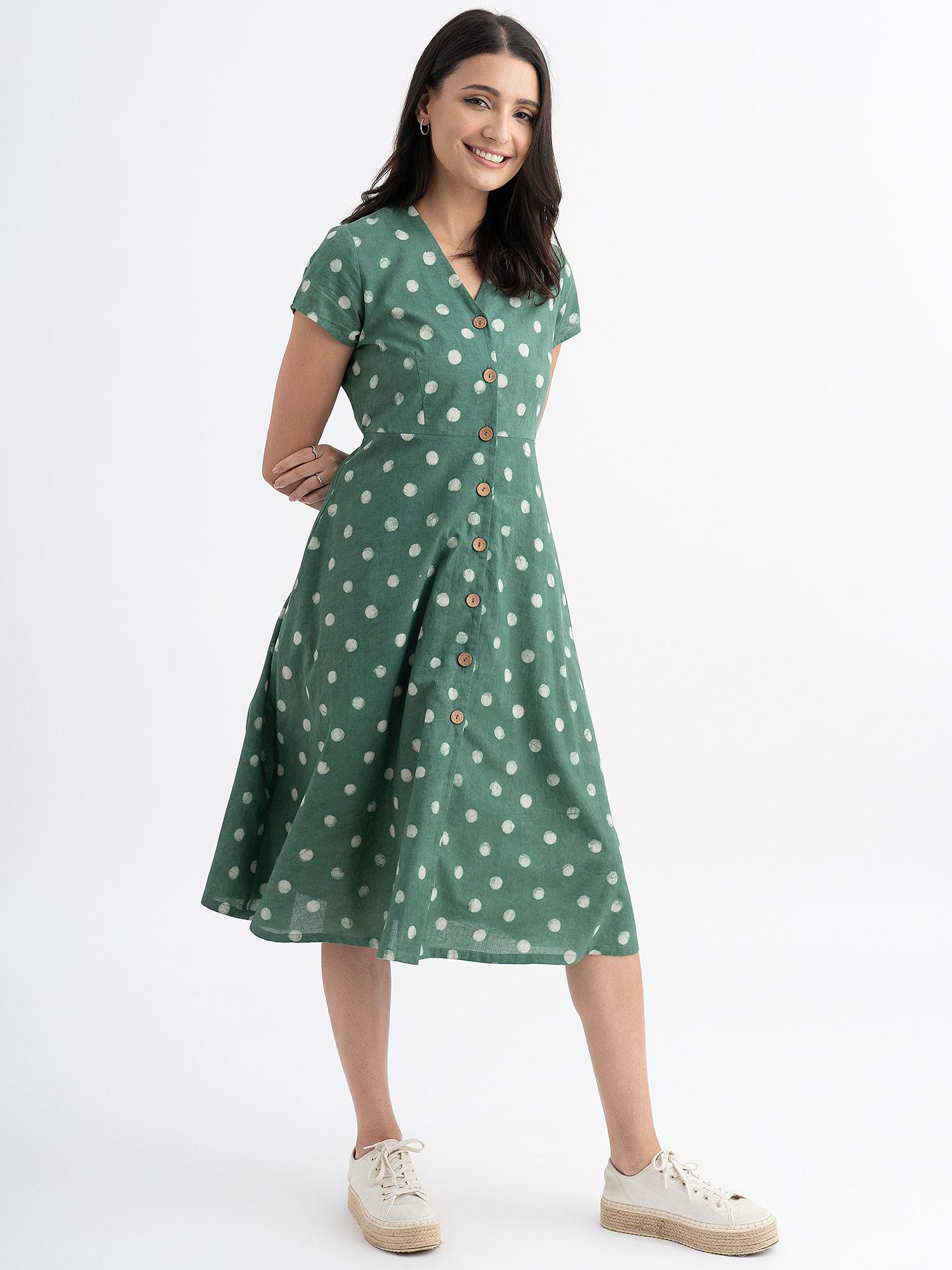 cotton dabu handblock polka printed a-line dress green