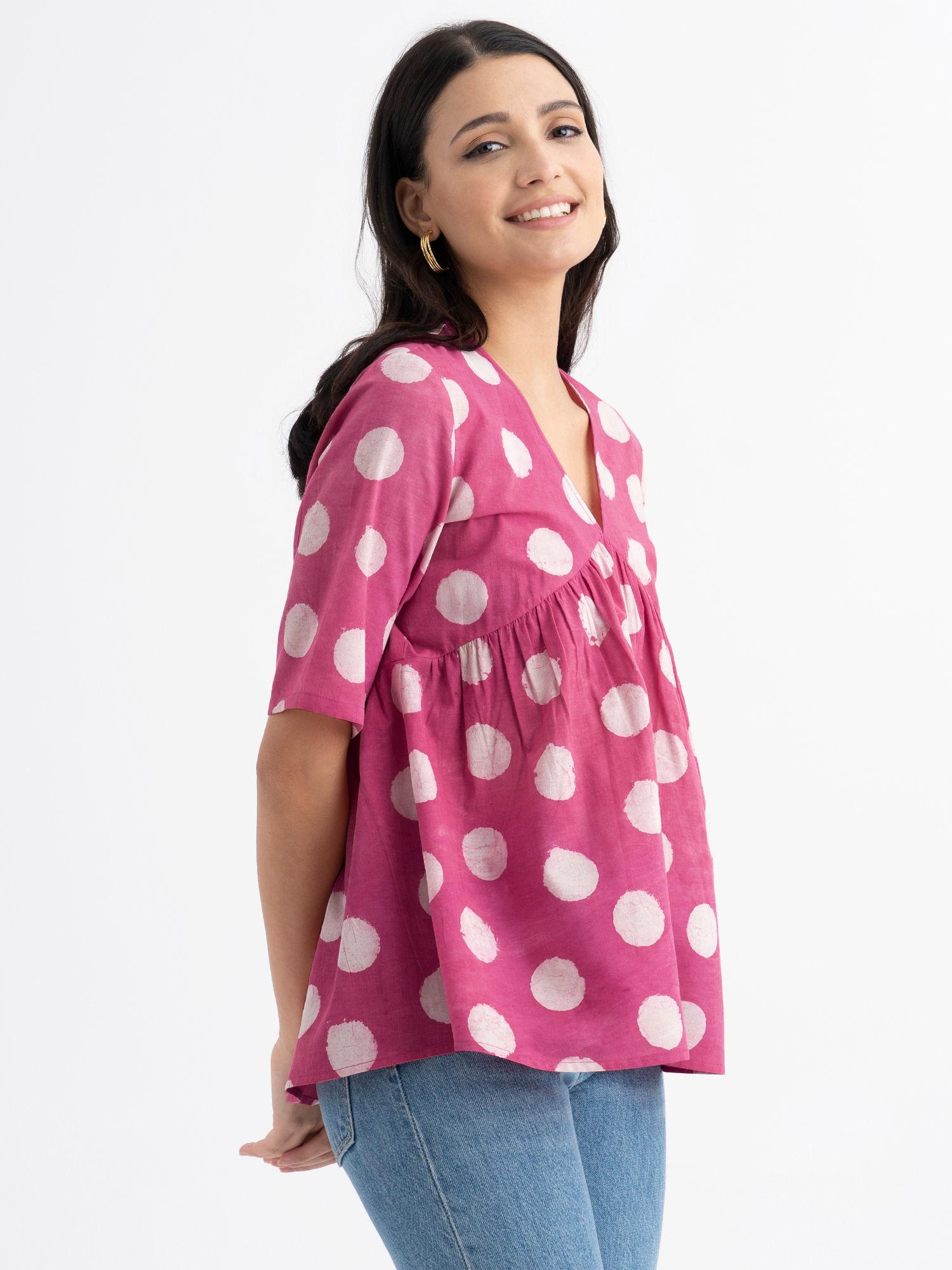 cotton dabu handblock polka printed top pink