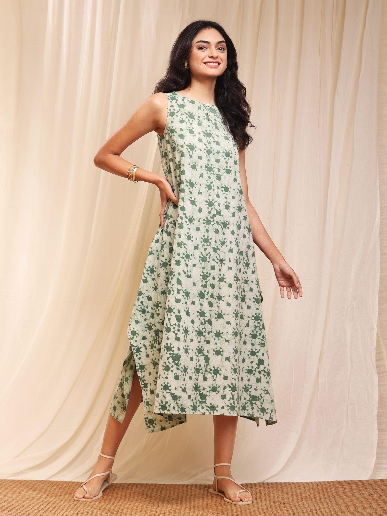 cotton dabu handkerchief dress - white & green