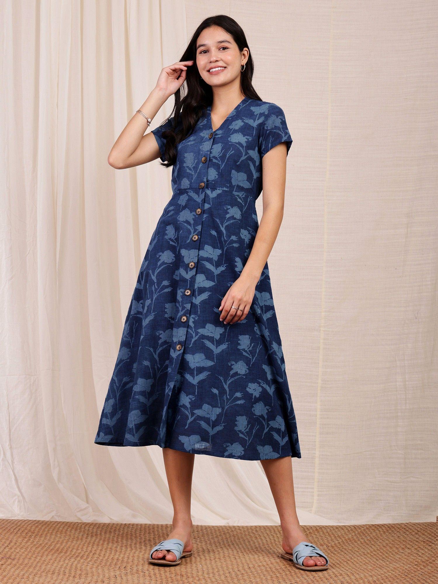 cotton dabu navy blue floral midi dress