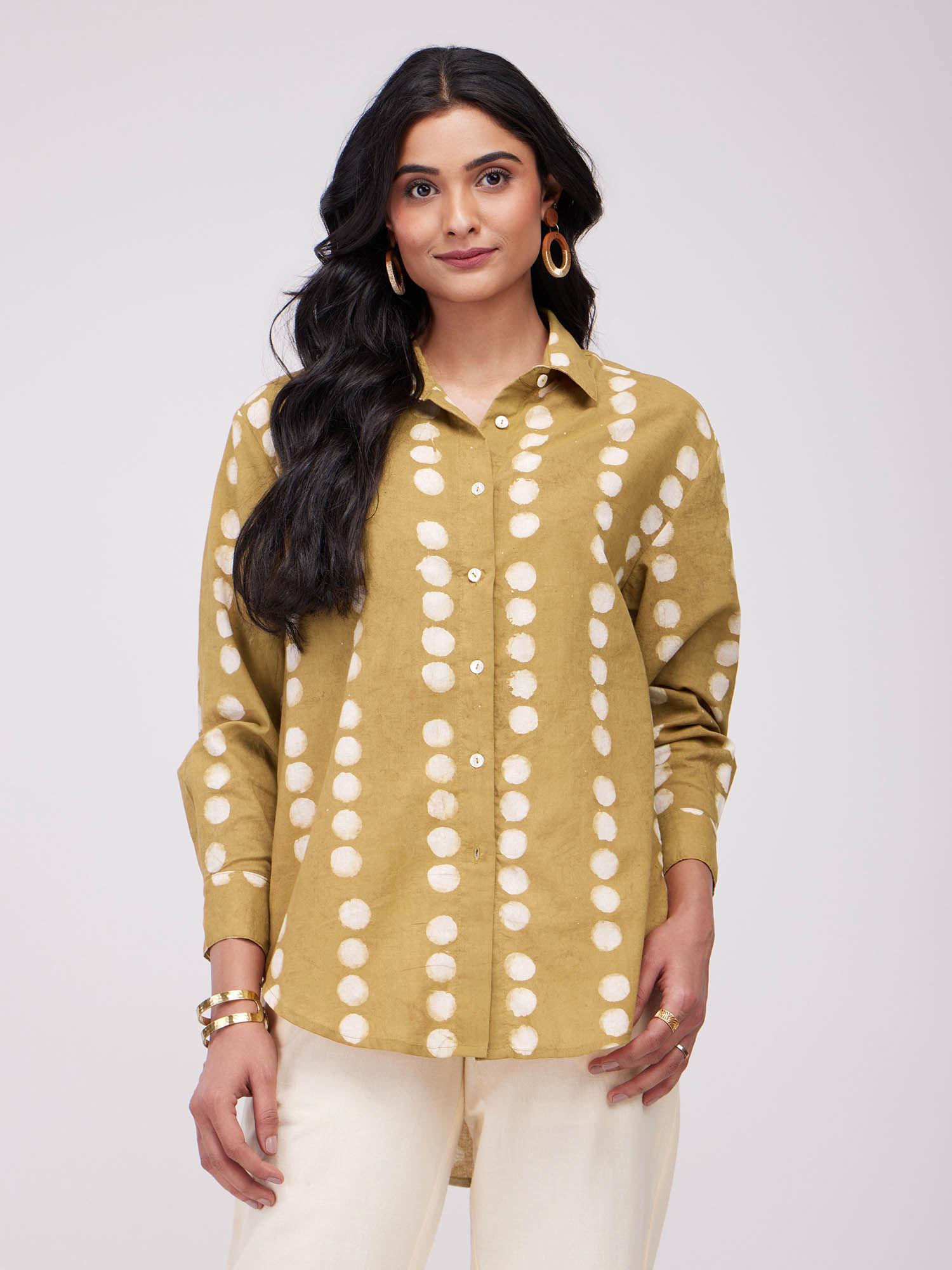 cotton dabu print shirt- khaki