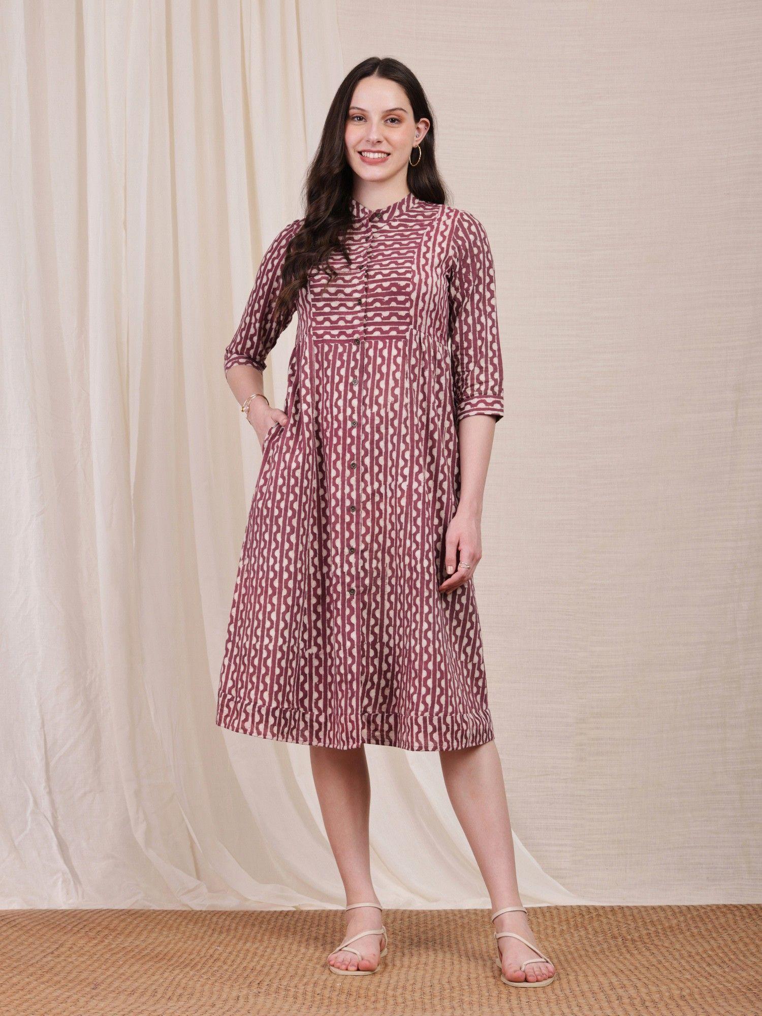 cotton dabu purple printed flared midi dress