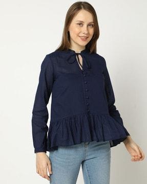 cotton dobby tiered top with neck-tie