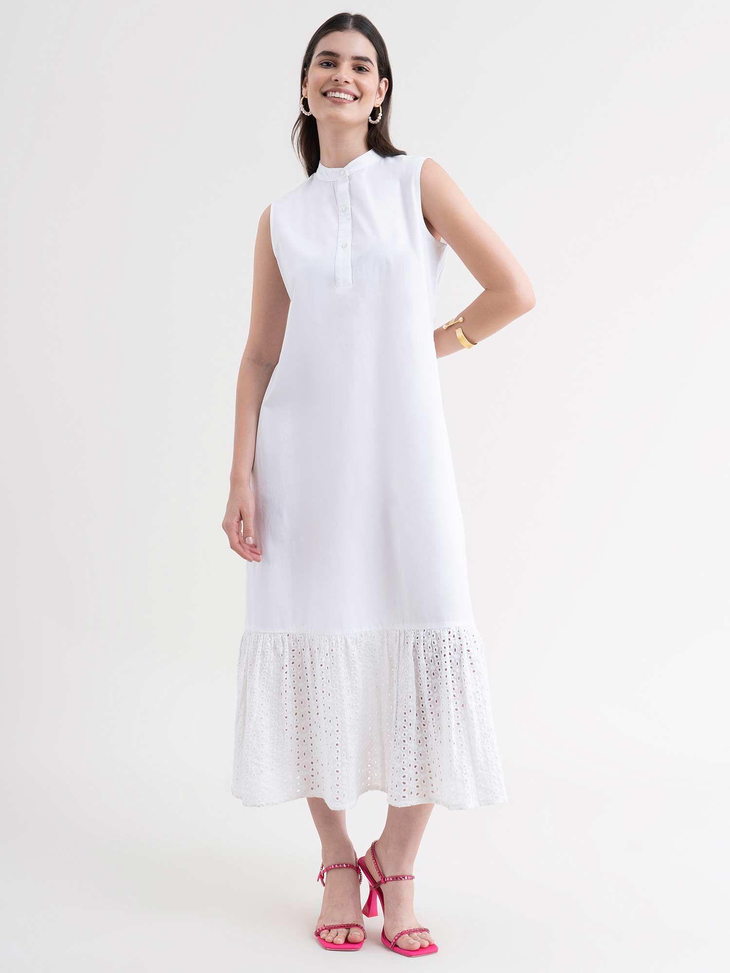 cotton dress with schiffli detail - white