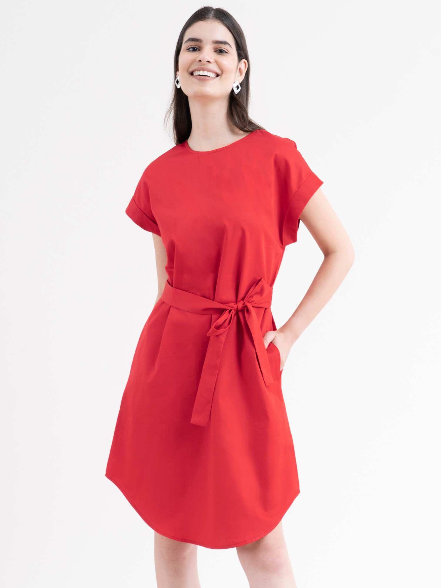 cotton drop shoulder dress - red (set of 2)